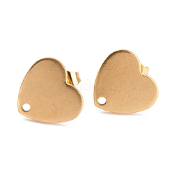 Revestimiento iónico (ip) 304 fornitura de pendiente de botón de acero inoxidable, con orejeras / aretes y agujero, la forma del corazón, dorado, 12x13x1mm, pin: 0.8 mm