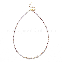 Perlenketten, mit Messing-Perlen, Glasperlen, natürliche Perlenperlen und 304 Hummerkrallenverschlüsse aus Edelstahl, golden, Pflaume, 17.91 Zoll (45.5 cm)