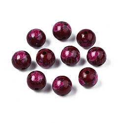 Opaque Printed Acrylic Beads, Round with Flower Pattern, Dark Red, 9x9.5mm, Hole: 1.8mm