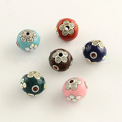 Round Handmade Rhinestone Indonesia Beads, with Antique Silver Plated Alloy Cores, Mixed Color, 15~16x14~15mm, Hole: 2.5mm