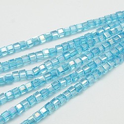 Abalorios de vidrio electroplate hebras, color de ab chapado, facetados, cubo, el cielo azul, 7~8x7~8x7~8mm, agujero: 1 mm