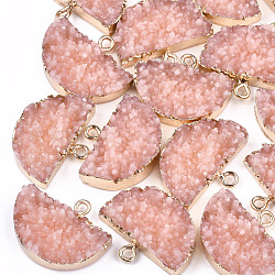Electroplate Druzy Resin Semi Circle Pendants, with Iron Findings, Half Round, Light Gold, Light Salmon, 18~19x23.5x5~6.5mm, Hole: 1mm