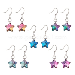 Electroplated Glass Star Dangle Earrings, Silver Tone Brass Earring for Women, Mixed Color, 32mm, Pin: 0.7mm