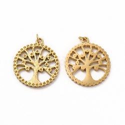 Ion Plating(IP) 304 Stainless Steel Pendant Rhinestone Settings, with Jump Ring, Tree of Life, Real 14K Gold Plated, Fit for Rhinestone: 0.9mm, 22.5x20x1.5mm, Hole: 3mm