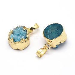 Flat Round Dyed Natural Druzy Agate Pendants, Druzy Trimmed Stone, with Golden Plated Brass Findings, Deep Sky Blue, 17x14x8~11mm, Hole: 5x8mm