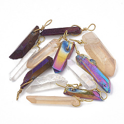 Colgantes de cristal de cuarzo natural plateado arco iris, con fornituras de latón de tono de oro, 30~45x7~14x5~11mm, agujero: 3~5 mm