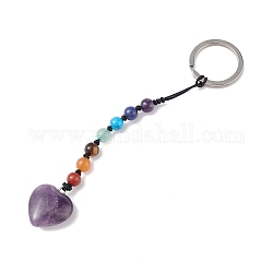 7 porte-clés en perles de pierres précieuses chakra, porte-clés breloque coeur améthyste naturelle pour femmes hommes breloques de sac de voiture suspendues, 13 cm
