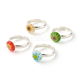 Цветочное плоское круглое регулируемое кольцо миллефиори из стекла, твердое латунное кольцо для женщин, платина, разноцветные, размер США 6 1/2 (16.9 мм)