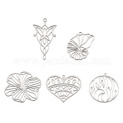 10Pcs 5 Style 201 Stainless Steel Pendants, Laser Cut, Conch/Flat Round/Heart/Flower Charm, Stainless Steel Color, 27~41x20.5~30.5x1mm, Hole: 1.2~1.8mm, 2pcs/style
