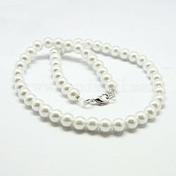 Collane di perline di vetro alla moda, con chiusure moschettone in ottone, bianco, 17.3 pollice