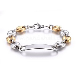201 Stainless Steel Coffee Bean Chain ID Bracelets, Rectangle, Golden & Stainless Steel Color, 8-1/4 inch(21cm), 11x6mm