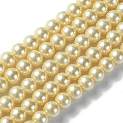 Hebras de perlas de vidrio teñidas ecológicas, Grado A, redondo, cordón de algodón rosca, amarillo vara de oro claro, 6mm, agujero: 1.2~1.5 mm, aproximamente 70 pcs / cadena, 15.7 pulgada
