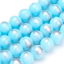 Natural Jade Beads Strands,  Brushed Silver Color, Dyed, Round, Light Sky Blue, 8mm, Hole: 0.8mm, about 50pcs/strand, 15.7 inch(40cm)