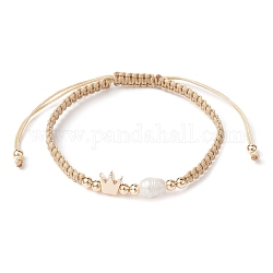 Bracelets de perles tressées en laiton et perles naturelles, bracelet réglable, couronne, diamètre intérieur: 1-3/4~3-1/2 pouce (4.6~8.8 cm)