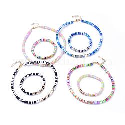 Ensembles de bracelets et colliers extensibles perles heishi, avec de la pâte polymère artisanale, perles heishi synthétiques non magnétiques d'hématite et rallonge de chaîne en fer, or, couleur mixte, 2-1/8 pouce (5.5 cm), 14.96 pouce (38 cm), 2 pièces / kit