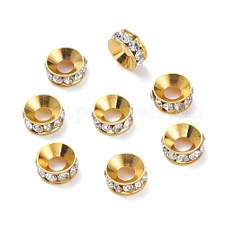 Perles séparateurs en laiton avec strass, rondelle, blanc, dorée, environ 8 mm de diamètre, épaisseur de 3mm, Trou: 4mm