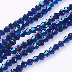 FilI di perline in vetro placcato, sfaccettato, bicono, blu placcato, 4x4mm, Foro: 1 mm, circa 92~96pcs/filo, 13.78~14.37 pollice