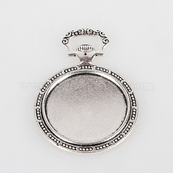 Vintage Tibetan Style Alloy Carved Floral Pattern Pendant Cabochon Bezel Settings, Cadmium Free & Lead Free, Antique Silver, Flat Round Tray: 35mm, 64x45x3mm, Hole: 5x15mm, about 50pcs/kg