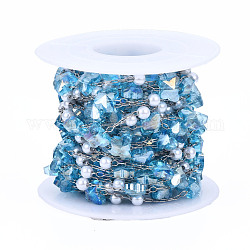 Mariposa de vidrio y cadenas de cuentas de perlas de plástico abs, con acero inoxidable chapado en color 316 cadenas de clip de acero inoxidable, soldada, facetados, con carrete, cielo azul profundo, 6x8x4.5mm, aproximadamente 16.40 pie (5 m) / rollo