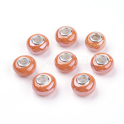 Handmade Porcelain European Beads for Jewelry Making, with Silver Color Brass Double Cores, Rondelle, Orange Red, 15x11mm, Hole: 5mm