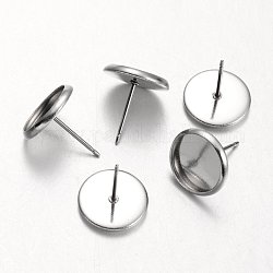 Flat Round 304 Stainless Steel Stud Earring Settings, Stainless Steel Color, Tray: 10mm, 12mm, Pin: 0.7mm