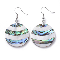 White Shell & Abalone Shell/Paua Shell Dangle Earrings, with Brass Ice Pick Pinch Bails and Earring Hooks, Flat Round, Platinum, 50mm, Pin: 0.7mm
