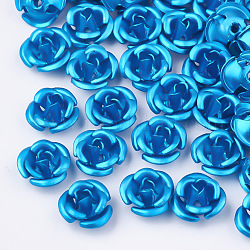 Aluminum Beads, Frosted, Long-Lasting Plated, 3-Petal Flower, Deep Sky Blue, 6x4.5mm, Hole: 0.8mm
