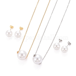 304 Stainless Steel  Jewelry Sets, Pendant Cable Chains Necklaces and Stud Earrings, with Plastic Imitation Pearl, Lobster Claw Clasps and Ear Nuts, Ball, Mixed Color, 17.71 inch(45cm), 11.5mm, Pin: 0.6mm, Beads: 16x17mm