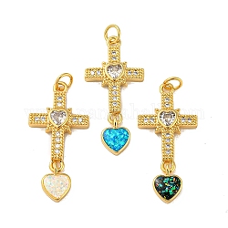 Croce con cuore pendenti in ottone con micro pavè di zirconi e opale sintetico, con anelli di salto, vero placcato oro 18k, colore misto, 31.5x15x3mm, Foro: 3.5 mm