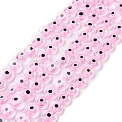 Handmade bösen Blick lampwork flache runde Perle Stränge, rosa, 10x4 mm, Bohrung: 1 mm, ca. 38 Stk. / Strang, 14.96 Zoll