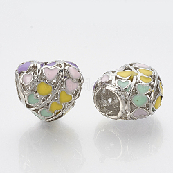 Perles européennes d'émail en alliage, Perles avec un grand trou   , cœur, colorées, platine, 11.5x12x8.5mm, Trou: 5mm