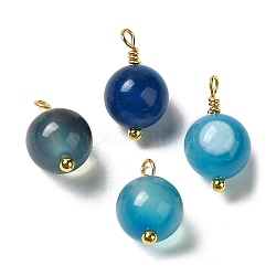 Ciondoli rotondi in agata naturale tinta con anelli in vero ottone placcato oro 18k, dodger blu, 13.5~14x7.5~8.5mm, Foro: 1.5~1.6 mm