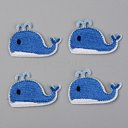Computerized Embroidery Cloth Iron on/Sew on Patches, Appliques, Costume Accessories, Whale Shape, Blue, 28x44x1mm