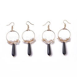 Boucles d'oreilles pendantes, avec des pièces en laiton et des perles d'agate naturelle, larme, or, 85mm, pin: 0.7 mm
