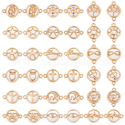 PandaHall Elite 36pcs 18 styles Glass Connector Charms, with Light Gold Plated Alloy Findings, Flat Round, Clear, 13.5~19.5x13.5~19.5x5.5~6.5mm, Hole: 1.6mm, 2pcs/style