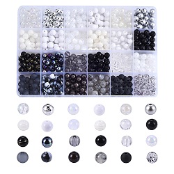 DIYの黒と白のシリーズのネックレスとブレスレットの作成キット  600個の不透明で透明なアクリルと樹脂の丸いビーズが含まれています  ホワイト  8mm  穴：1.5mm  約600個/箱
