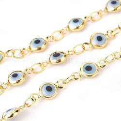 Handmade Evil Eye Lampwork Link Chains, Soldered, with Brass Findings, with Spool, Long-Lasting Plated, Flat Round, Golden, White, 10x4.5x2mm, Hole: 1.5mm, about 32.8 Feet(10m)/roll