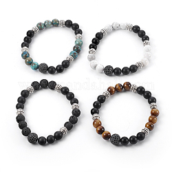 Natural Mixed Gemstone and Natural Black Agate(Dyed) Beads Stretch Bracelets, with Brass Cubic Zirconia Beads and Alloy Beads, 2-3/8 inch(6cm)