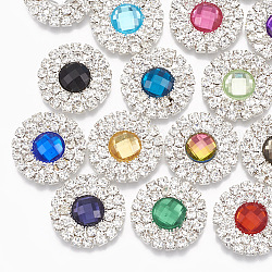 Acrylic Rhinestone Cabochons, with Brass Rhinestone Findings, Faceted, Flat Round, Silver Color Plated, Mixed Color, 19x4mm