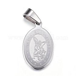 304 Stainless Steel Pendants, Oval with Archangel Michael, Stainless Steel Color, 21x13x1.5mm, Hole: 4x7mm