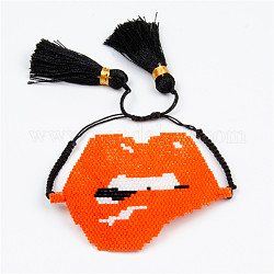Pulsera de eslabones de labios de semillas miyuki con doble borla, pulsera de moda ajustable para mujer, rojo naranja, 11 pulgada (28 cm)