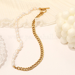 Colliers de perles de nacre naturelle, avec gourmettes en acier inoxydable, blanc, 17.72 pouce (450 mm)
