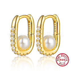 925 créoles ovales en argent sterling avec strass, avec perle d'imitation, avec tampon s925, véritable 18k plaqué or, 14x10mm