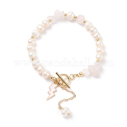 Bracelet en perles de quartz rose naturel et perles avec breloques éclair en émail, bijoux en pierres précieuses pour femmes, or, 7-5/8 pouce (19.5 cm)