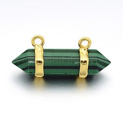 2-Hole Gemstones Bullet Pointed Pendants, Dyed, with Golden Brass Findings, Malachite, 8x30mm, Hole: 2mm