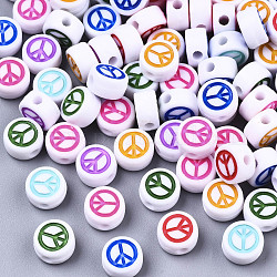 Opake Legierung Perlen, mit Emaille, flach rund mit Friedenszeichen, Mischfarbe, 7x4 mm, Bohrung: 1.6 mm