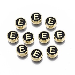 Legierung Emaille-Perlen, cadmiumfrei und bleifrei, Licht Gold, flach rund mit Alphabet, Schwarz, letter.e, 8x4 mm, Bohrung: 1.5 mm
