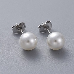 Boucles d'oreille en plastique imitation perle, avec 304 épingles en acier inoxydable et écrous à oreilles, ballon rond, couleur inoxydable, 8mm, pin: 0.6 mm, 6 paires / carte