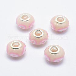 Perles européennes artisanales en pâte de polymère, avec noyaux en laiton plaqué couleur argent, Perles avec un grand trou   , rondelle avec motif de fleurs, rose brumeuse, 13~16x8~11mm, Trou: 4.5~5mm