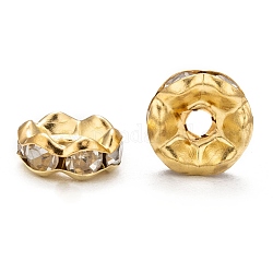 Iron Rhinestone Spacer Beads, Grade B, Waves Edge, Rondelle, Golden Color, Clear, Size: about 8mm in diameter, 3.5mm thick, hole: 1.5mm